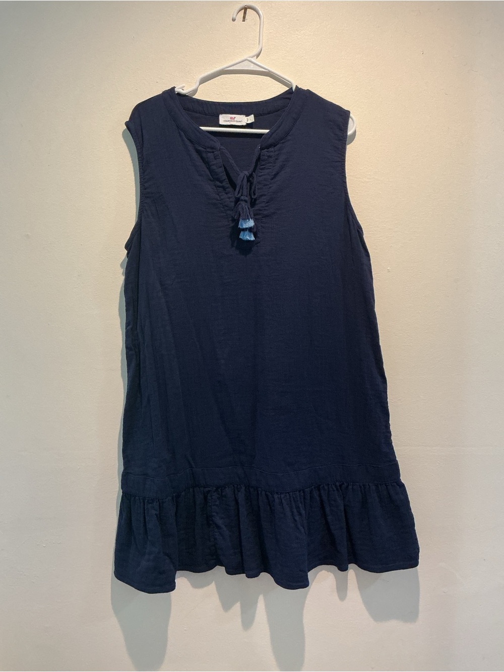 Vineyard Vines Navy Blue Ruffle Hem Tassel Shift Dress Large